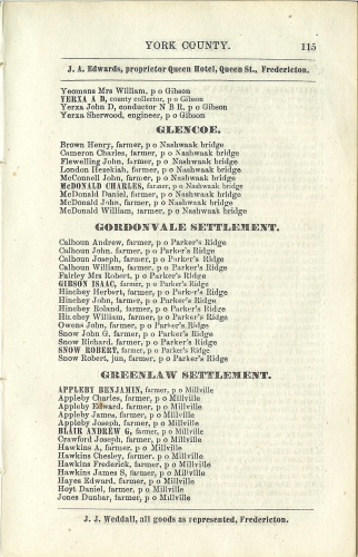 Page 115 of the McAlpine's York and Carleton Counties Directory for 1884-85