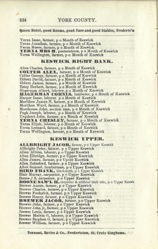 Page 124 of the McAlpine's York and Carleton Counties Directory for 1884-85