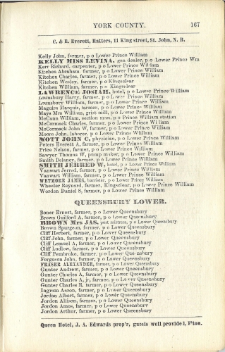 Page 167 of the McAlpine's York and Carleton Counties Directory for 1884-85