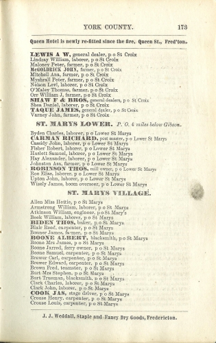 Page 173 of the McAlpine's York and Carleton Counties Directory for 1884-85