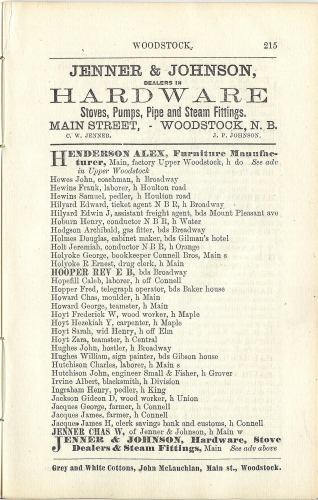 Page 215 of the McAlpine's York and Carleton Counties Directory for 1884-85