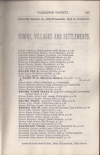 Page 247 of the McAlpine's York and Carleton Counties Directory for 1884-85